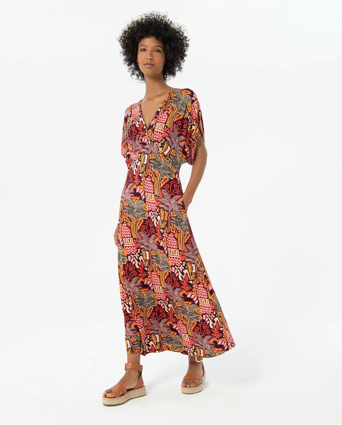 711- Multi Print V Neck Batwing Long Dress- Surkana