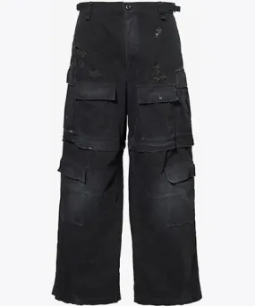 Balenciaga Mens Black Cargo hook-and-loop-tape-pockets wide-leg relaxed-fit cotton trousers