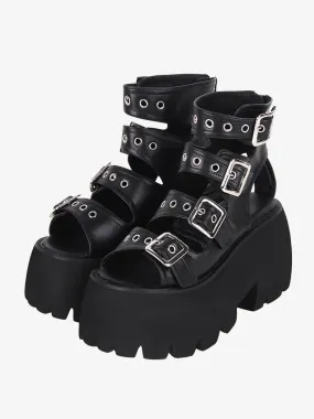 Gothic Lolita Sandals Grommets Peep Toe Metallic PU Leather Black Lolita Summer Shoes