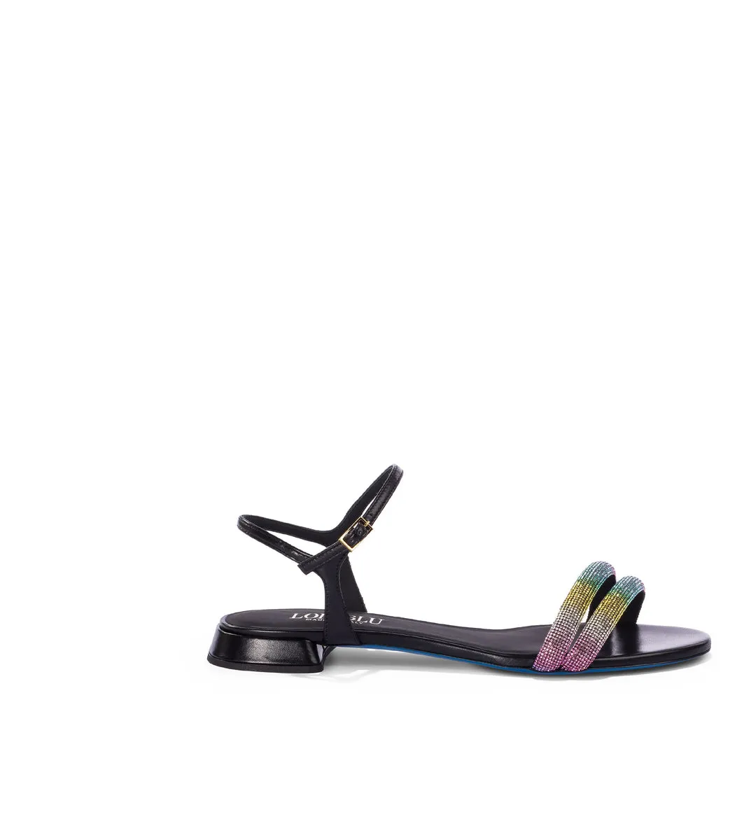 Multicolor rhinestones black nappa leather sandals