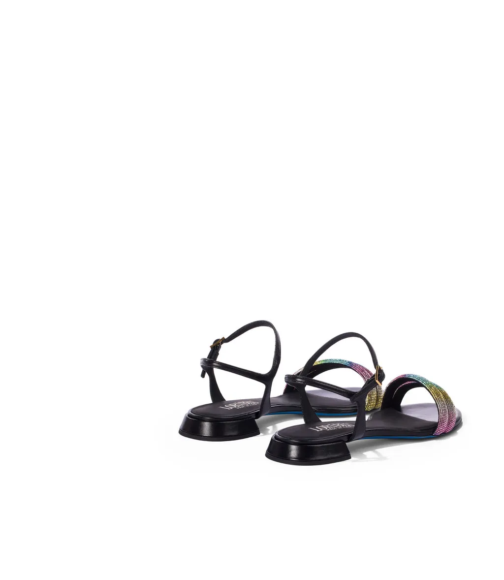 Multicolor rhinestones black nappa leather sandals