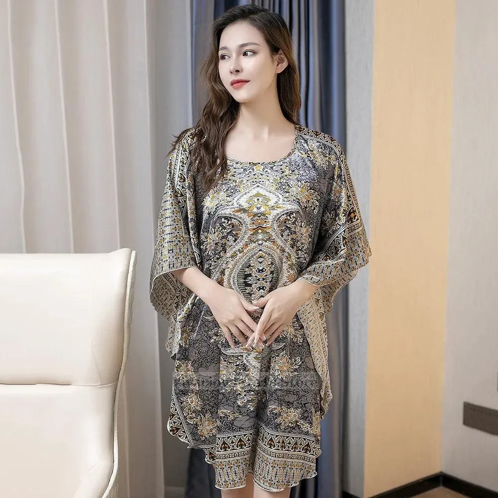 Plus Size Nightgown Sleepwear Women's Summer Nightwear Robe Lady Sexy Nightdress Silk Rayon Loose Bathrobe Gown Home Dress