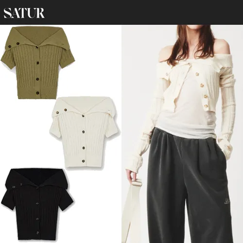 SATUR  |Street Style Short Sleeves Elegant Style Logo Cardigans