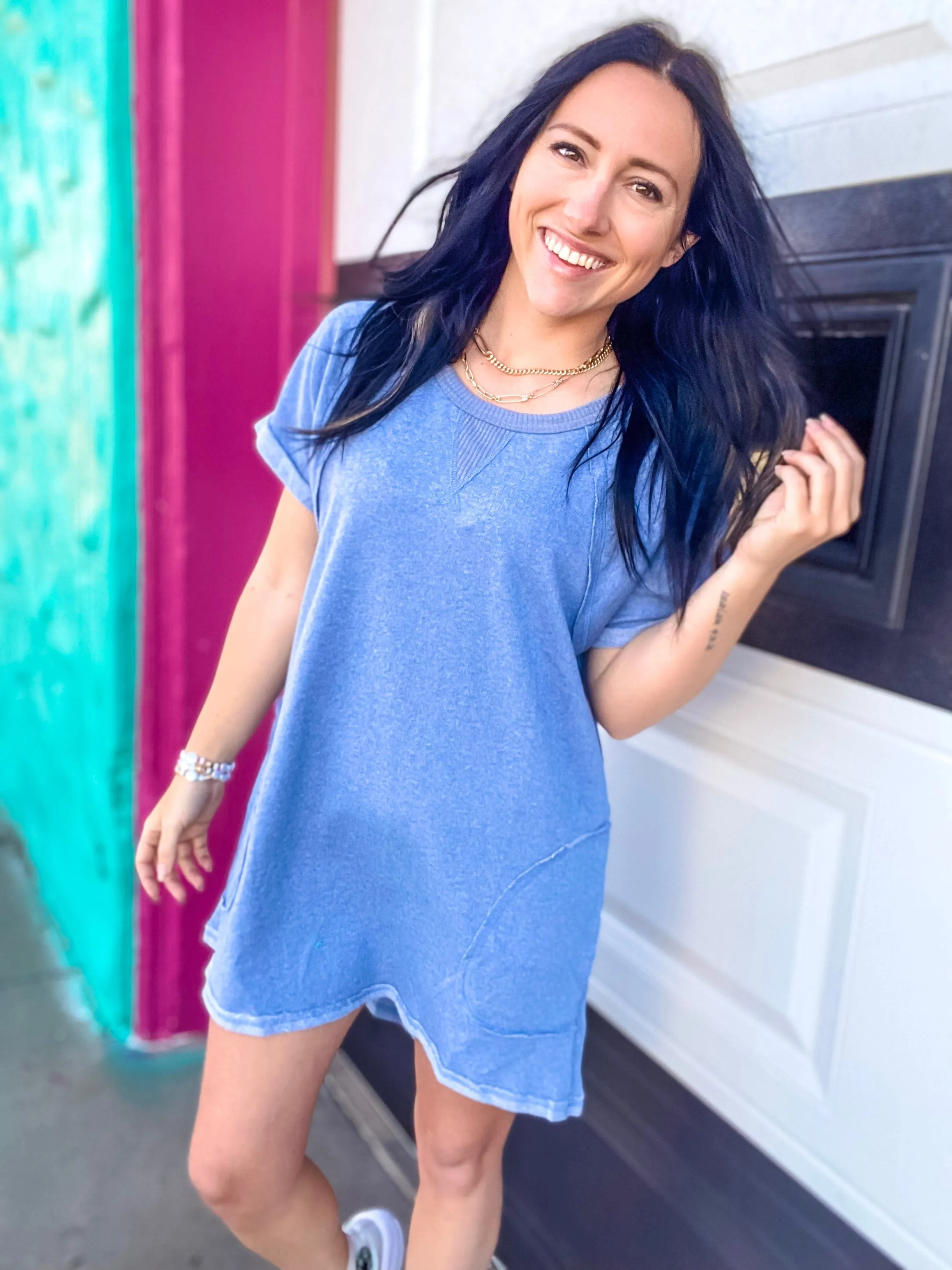 Umgee Sweatshirt Dress in Blue