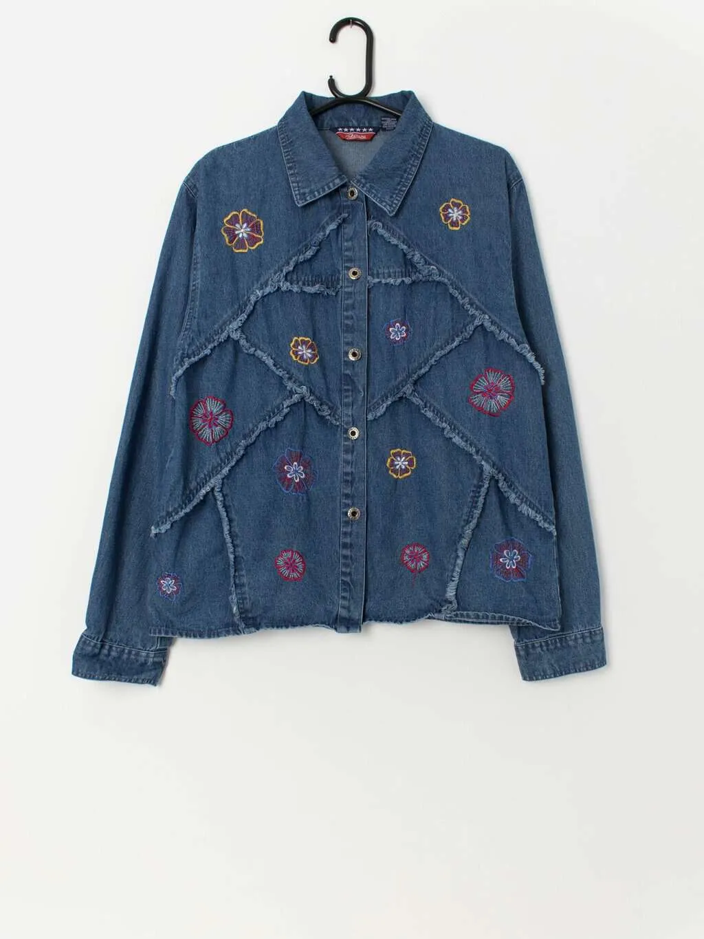 Vintage embroidered denim boxy shirt / jacket with embroidered florals – XL